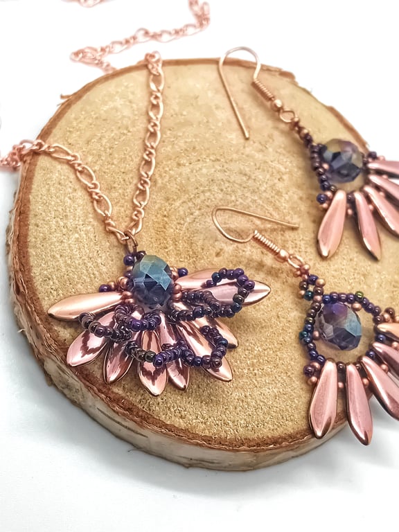 Metallic purple and rose gold dagger bead dangle earrings and necklace set