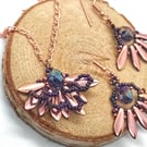 Metallic purple and rose gold dagger bead dangle earrings and necklace set