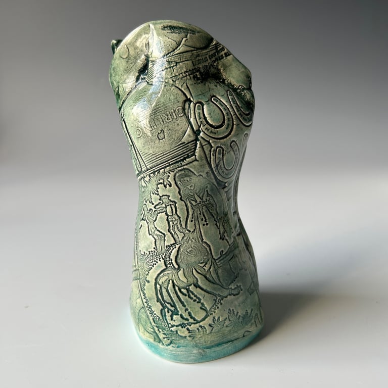 Ceramic Sculptural Vessel Textured with Old Printing Plates