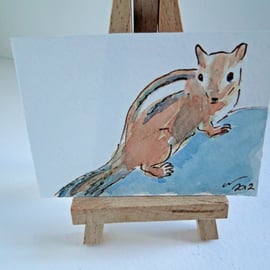 ACEO Chipmunk Original Watercolour & Ink Painting OOAK 