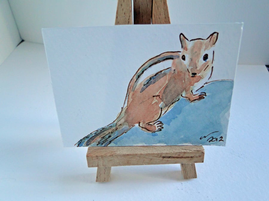 ACEO Chipmunk Original Watercolour & Ink Painting OOAK 