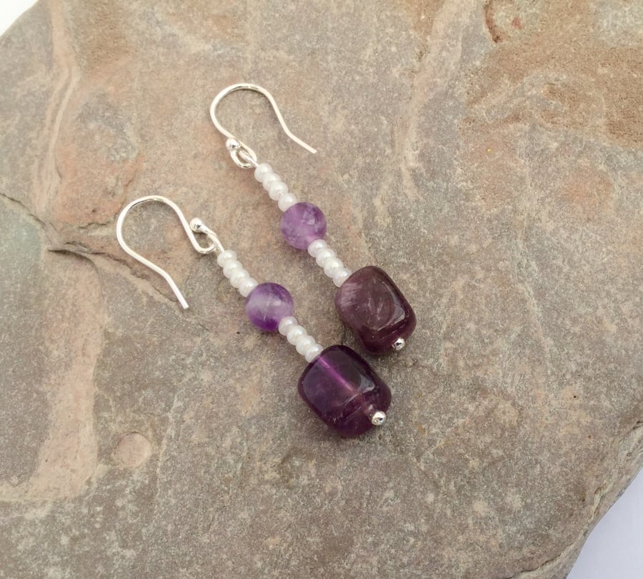 Amethyst and Sterling Silver Drop Earrings,  February Birthstone.