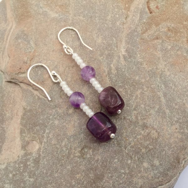 Amethyst and Sterling Silver Drop Earrings,  February Birthstone.