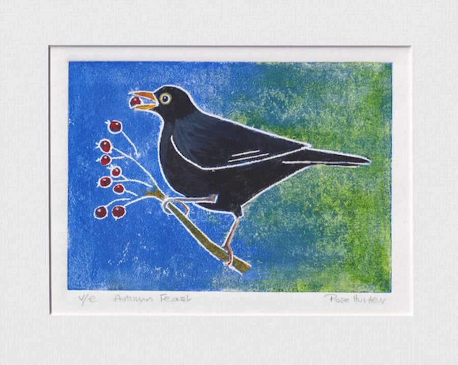 autumn feast - blackbird, original hand painted lino print 008