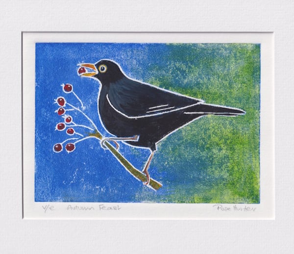 autumn feast - blackbird, original hand painted lino print 008