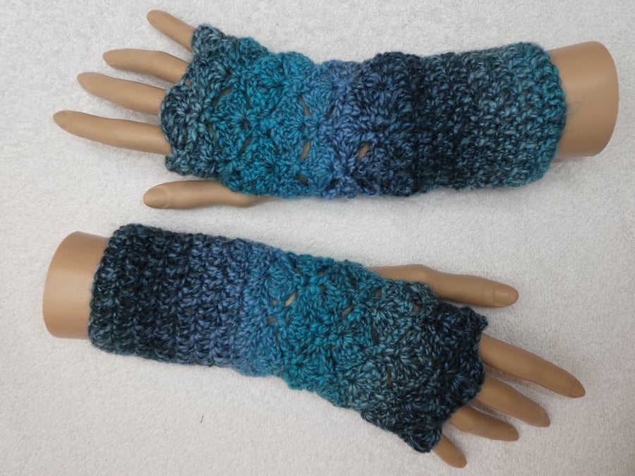 Crochet Fingerless Gloves Wrist Warmers in Double Knit Yarn Blues