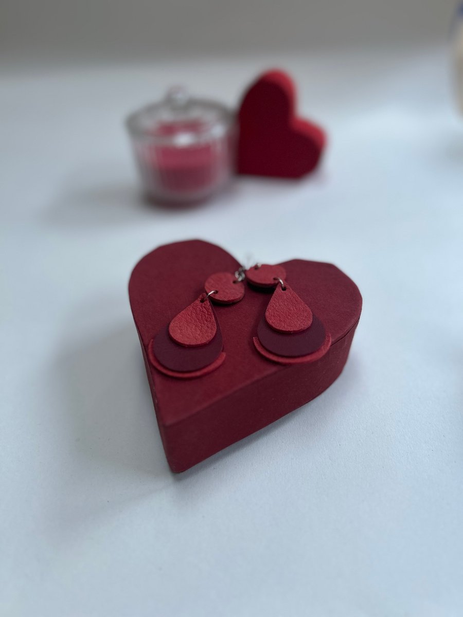 Red leather handmade earrings free gift wrap 
