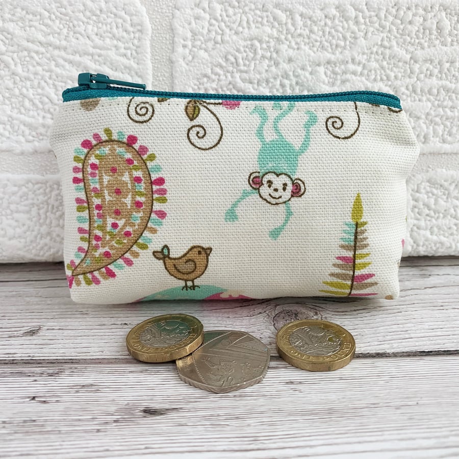 Small purse, coin purse with turquoise monkey and little bird