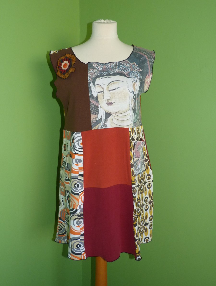 Tunic Top from Up-cycled T-Shirts. Womens Medium to Large. Orange and Brown.