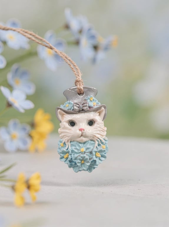 Clay Cat in a Top Hat Hanging Decoration 
