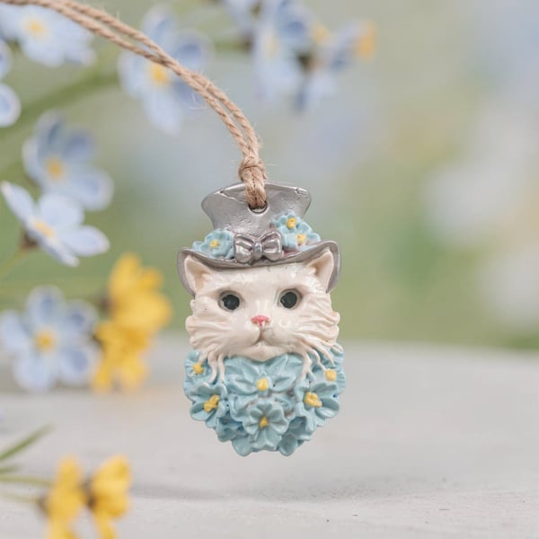 Clay Cat in a Top Hat Hanging Decoration 
