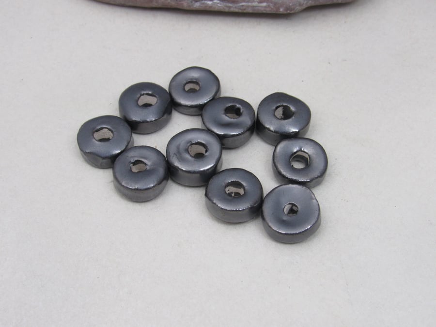 10 Small Metallic Pewter Glazed Ceramic Washer Beads