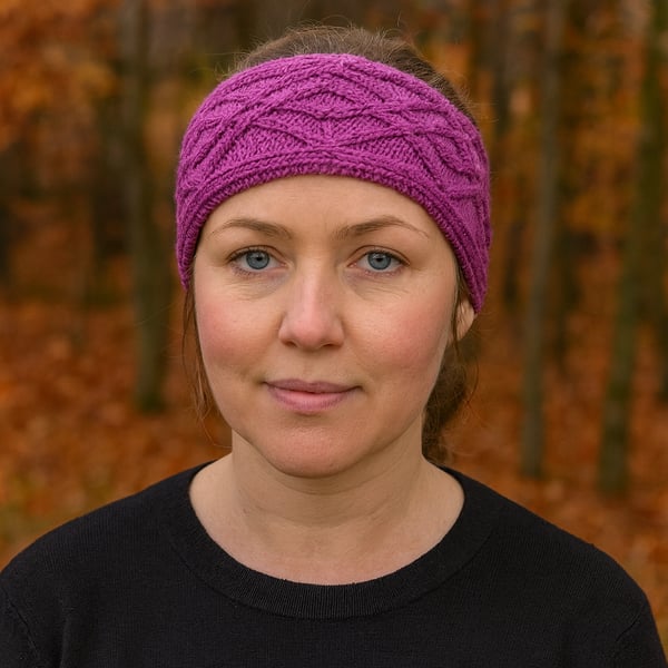Hand knitted ladies cerise pink headband ear warmer with double diamond pattern 