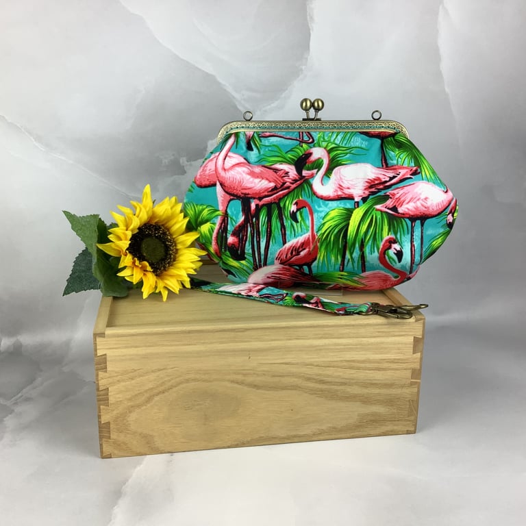 Flamingos medium clutch bag, Detachable strap, Handmade