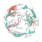 Playtime For Mermaids -  Hand embellished A5 Giclee print