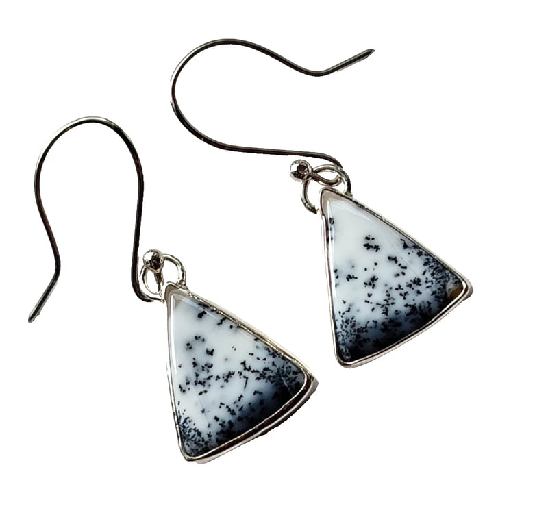 Dendritic Agate Earrings Silver Jewellery Gift Triangle Drop Snow Scene 925