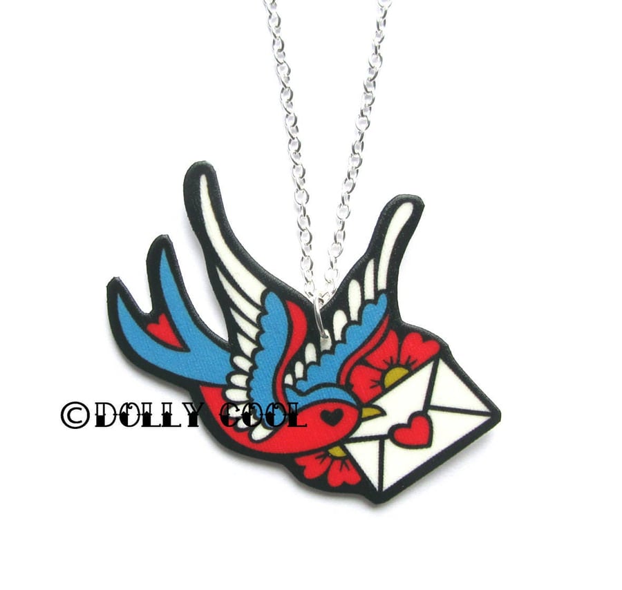 Swallow Necklace Tattoo Style with Love Letter by Dolly Cool. Old School Flash 