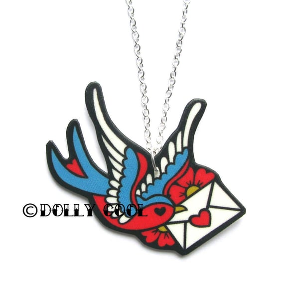 Swallow Necklace Tattoo Style with Love Letter by Dolly Cool. Old School Flash 
