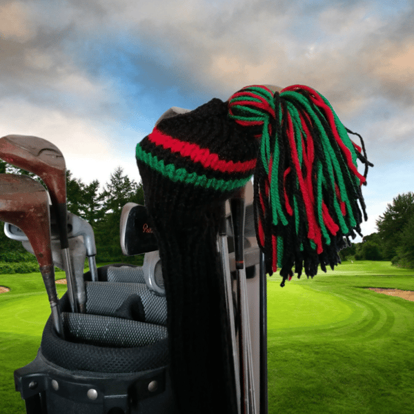 Black hand knit driver golf club cover with red and green stripes  