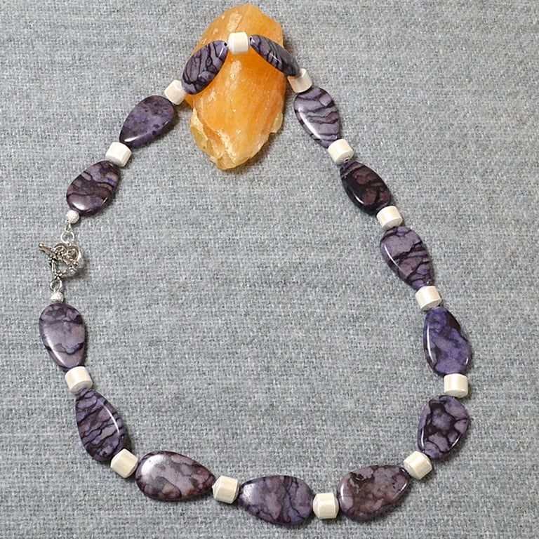 Purple (dyed) Stone Oval Necklace with Magnetic White Hematite