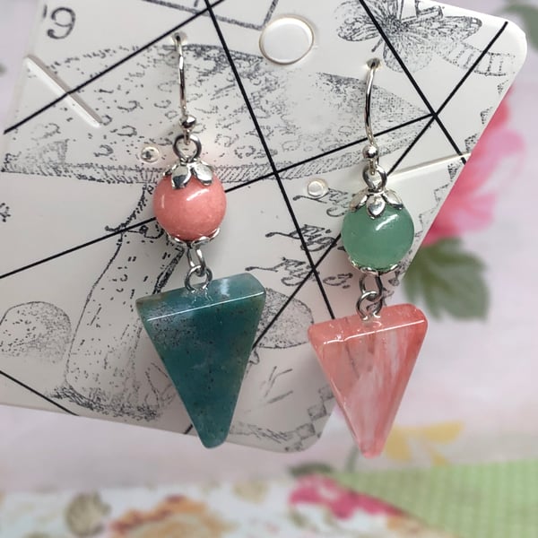 Mismatched triangle gemstone earrings - Amazonite, Cherry Quartz and Beryl