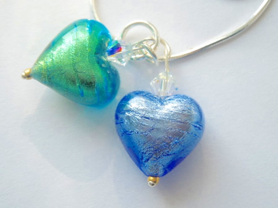 Murano glass blue and green heart pendant with Swarovski and sterling silver.