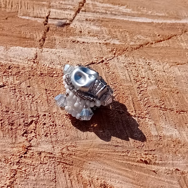 Silver and white sparkly gem skull beaded dreadlock bead