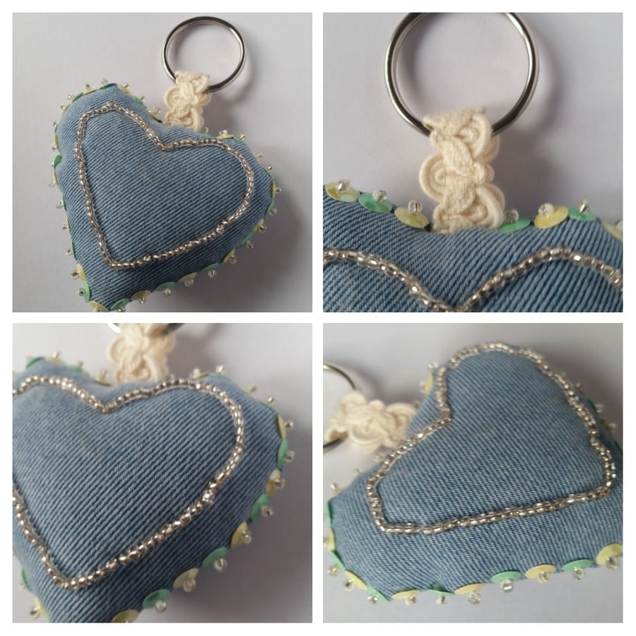 Keyring beaded heart in green and yellow upcycled  