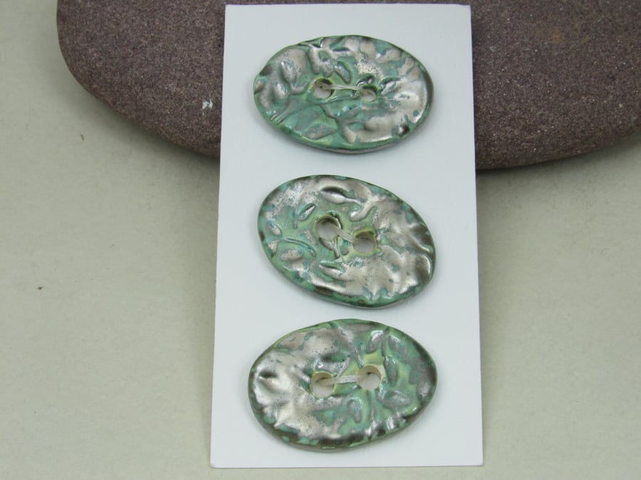 3 Medium Oval Verdigris Green Leaf Pattern Ceramic Buttons