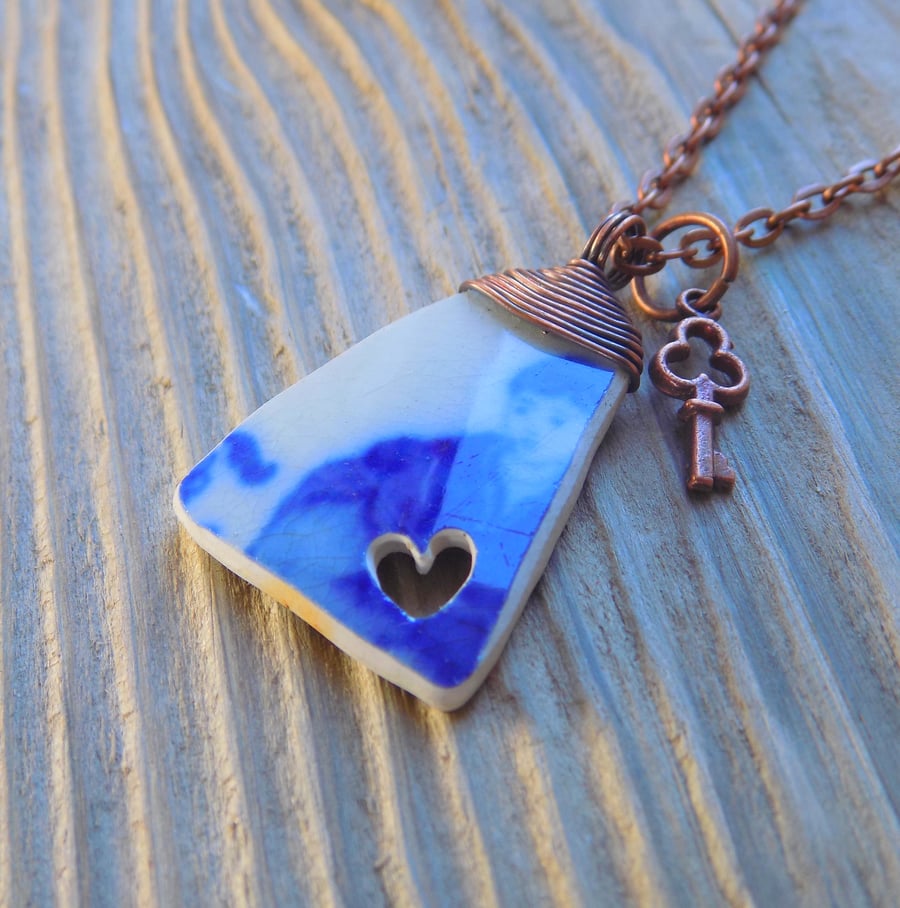Thames victorian pottery shard heart pendant, wrapped with copper wire