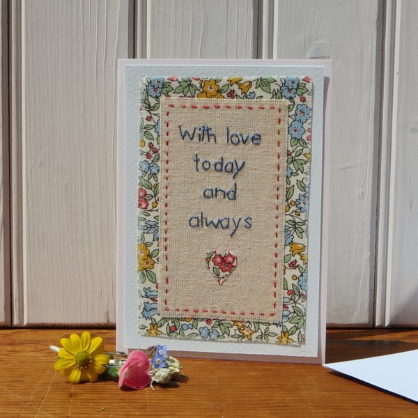 Hand stitched card, pretty, detailed work, Liberty fabric, a card to keep