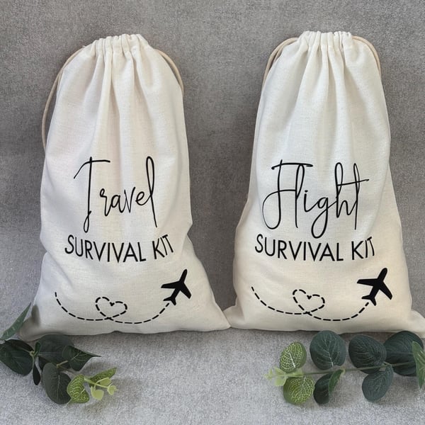 Flight Survival Kit Cotton Drawstring Bag, Travel Essentials, Handmade