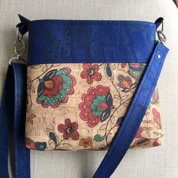 Crossbody bag, shoulder bag, denim blue and Amazon flowers cork fabric 