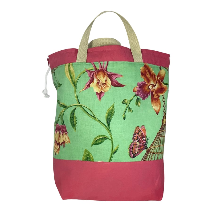 Extra Large canvas drawstring knitting bag with hummingbirds and butterflies pri