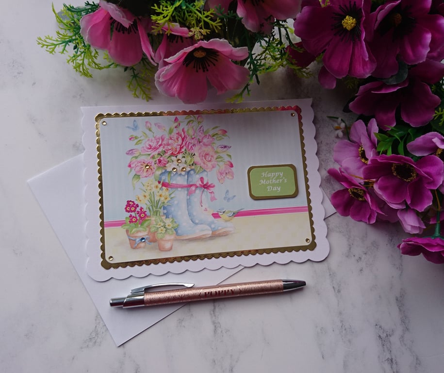 Happy Mother's Day Gardening Flowers Wellington Boots 3D Luxury Handmade Card