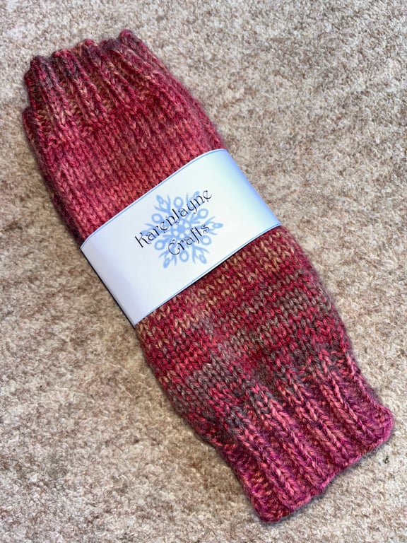 Hand Knitted Fingerless Wrist Warmers in Pink and Beige