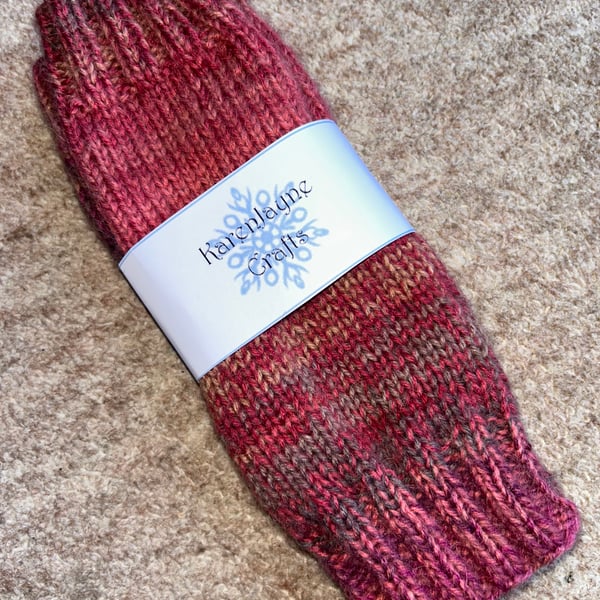 Hand Knitted Fingerless Wrist Warmers in Pink and Beige