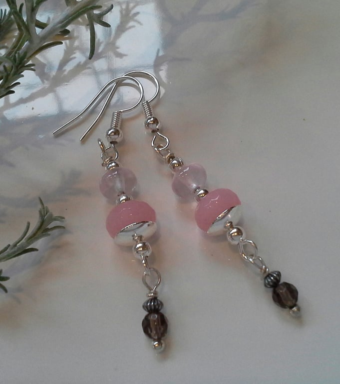 Pink Jade,  Rose Quartz & Smokey Quartz Dangle Design Earrings