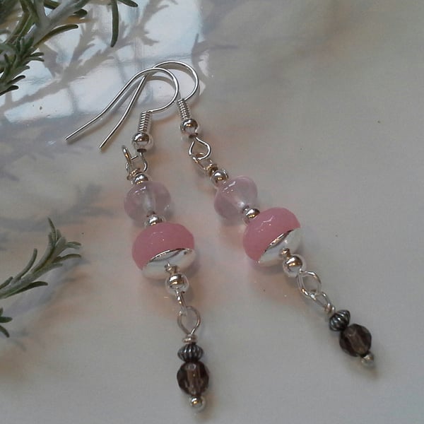 Pink Jade,  Rose Quartz & Smokey Quartz Dangle Design Earrings