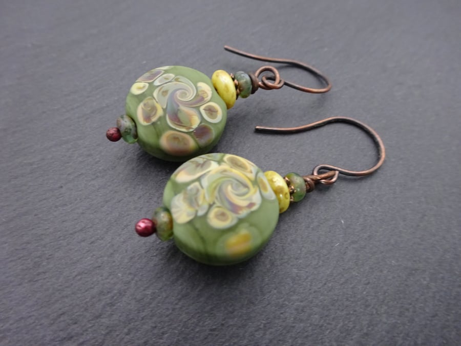 green lampwork glass earrings, copper jewellery