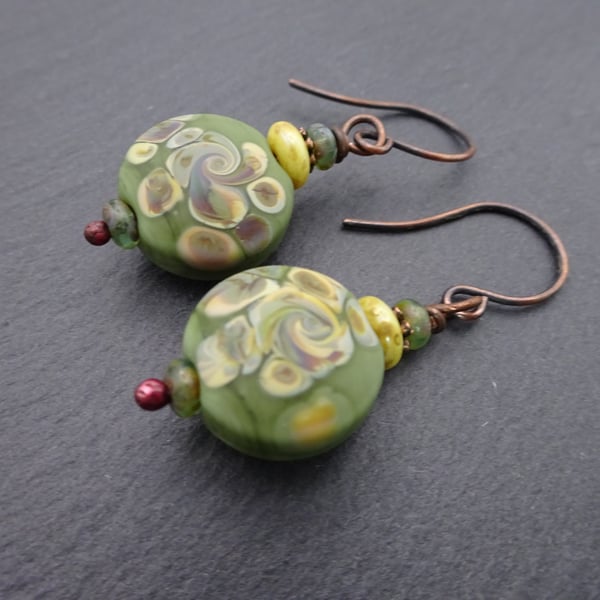 green lampwork glass earrings, copper jewellery