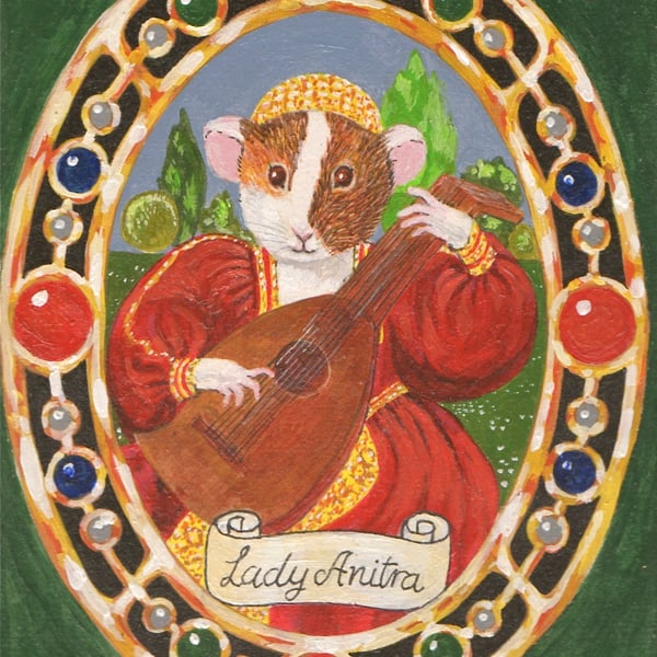 Tudor Guinea Pig with Lute Miniature Portrait Greetings Card