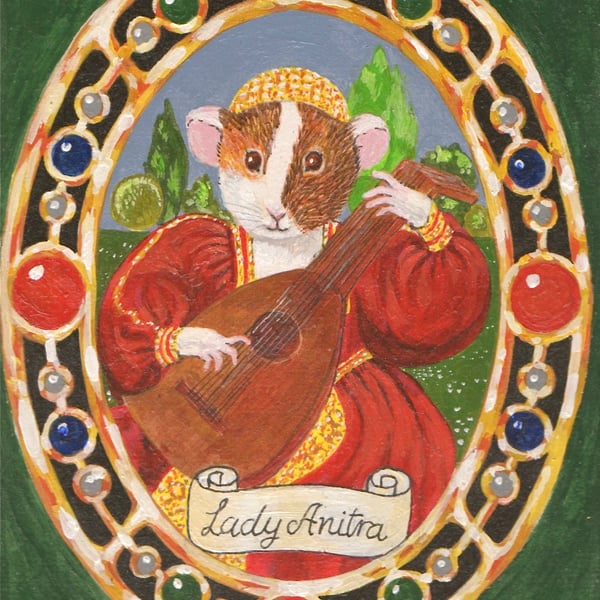 Tudor Guinea Pig with Lute Miniature Portrait Greetings Card