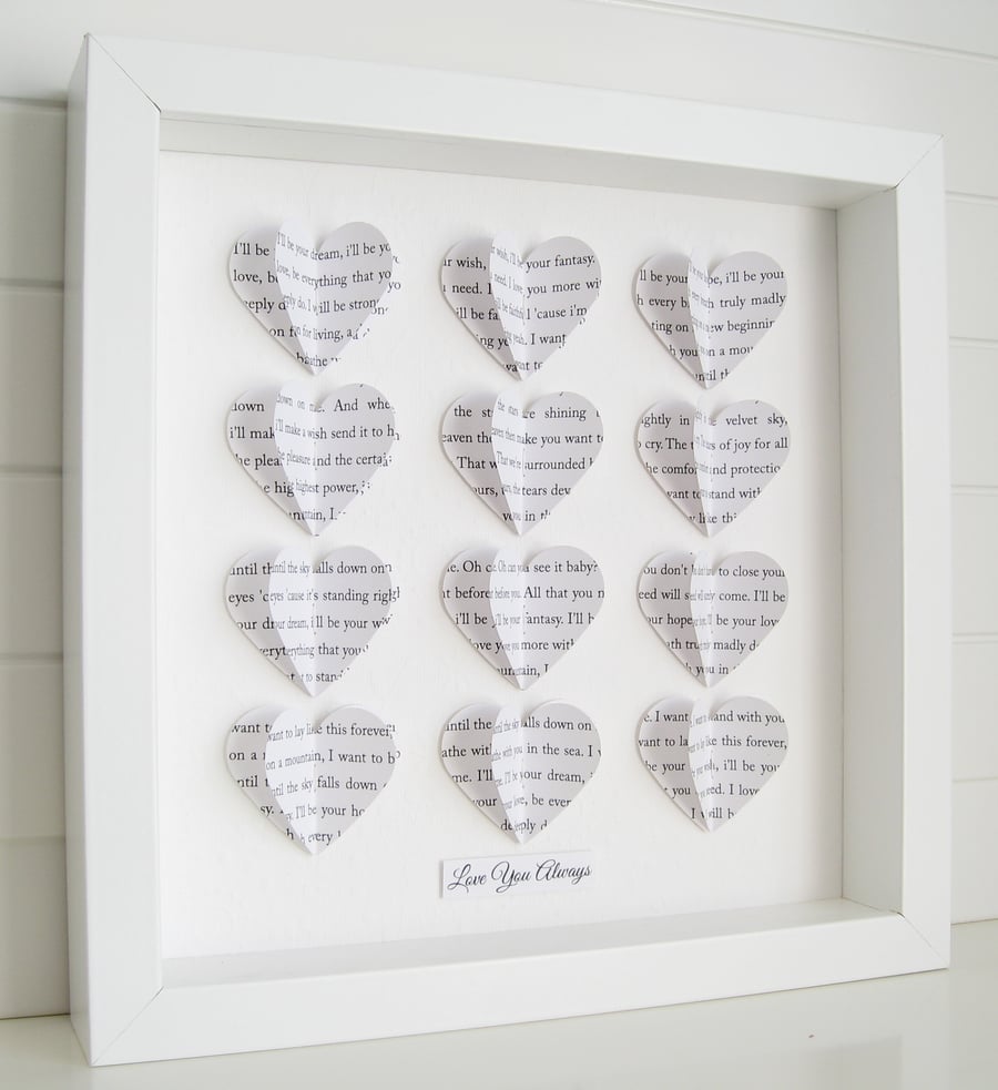 Personalised Frame Wedding Gift - Custom Word 3D Hearts - Song Lyric Keepsake