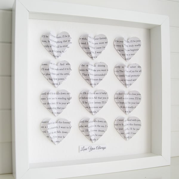 Personalised Frame Wedding Gift - Custom Word 3D Hearts - Song Lyric Keepsake