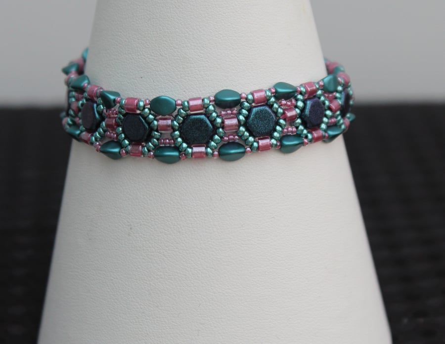 Pink and blue beaded bracelet
