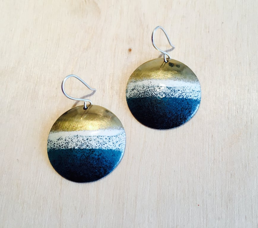 Silver & Brass with Blue Resin Enamel Round Earrings