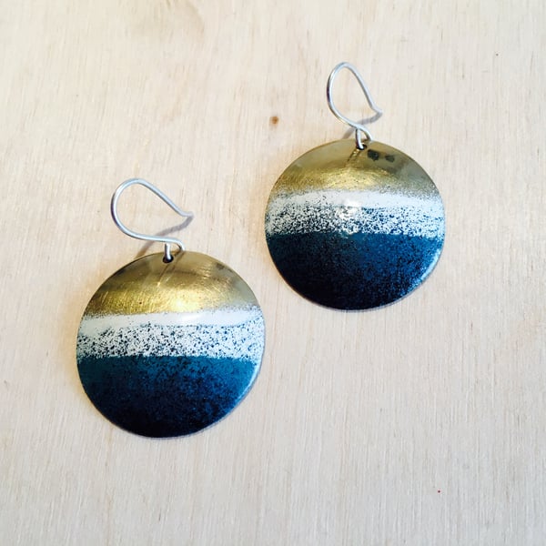 Silver & Brass with Blue Resin Enamel Round Earrings