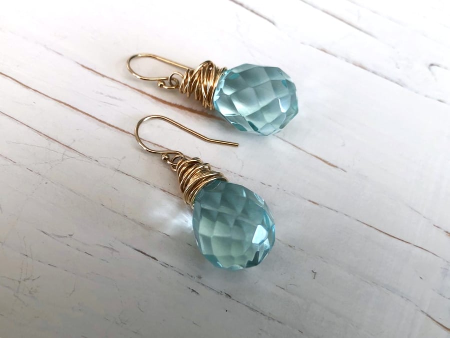 Blue Glass Briolette Earrings Wire Wrapped in Gold Vermeil