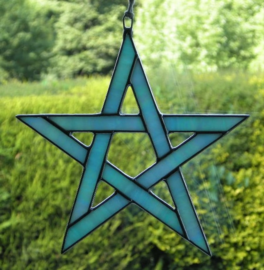 Stained Glass suncatcher Pentagram 5 pointed star aqua blue iridescent glass